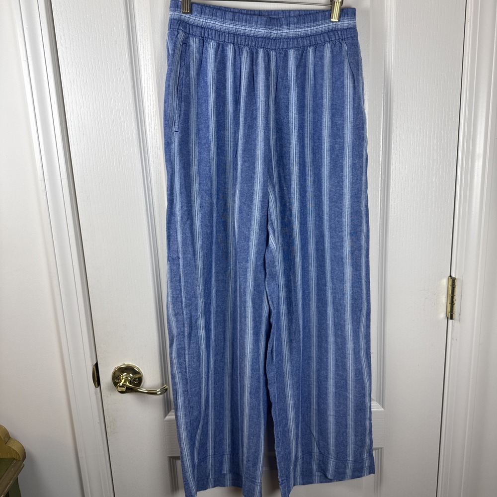 Old Navy Women's XS Striped Wide Leg Drawstring LINEN BLEND Pants Blue White